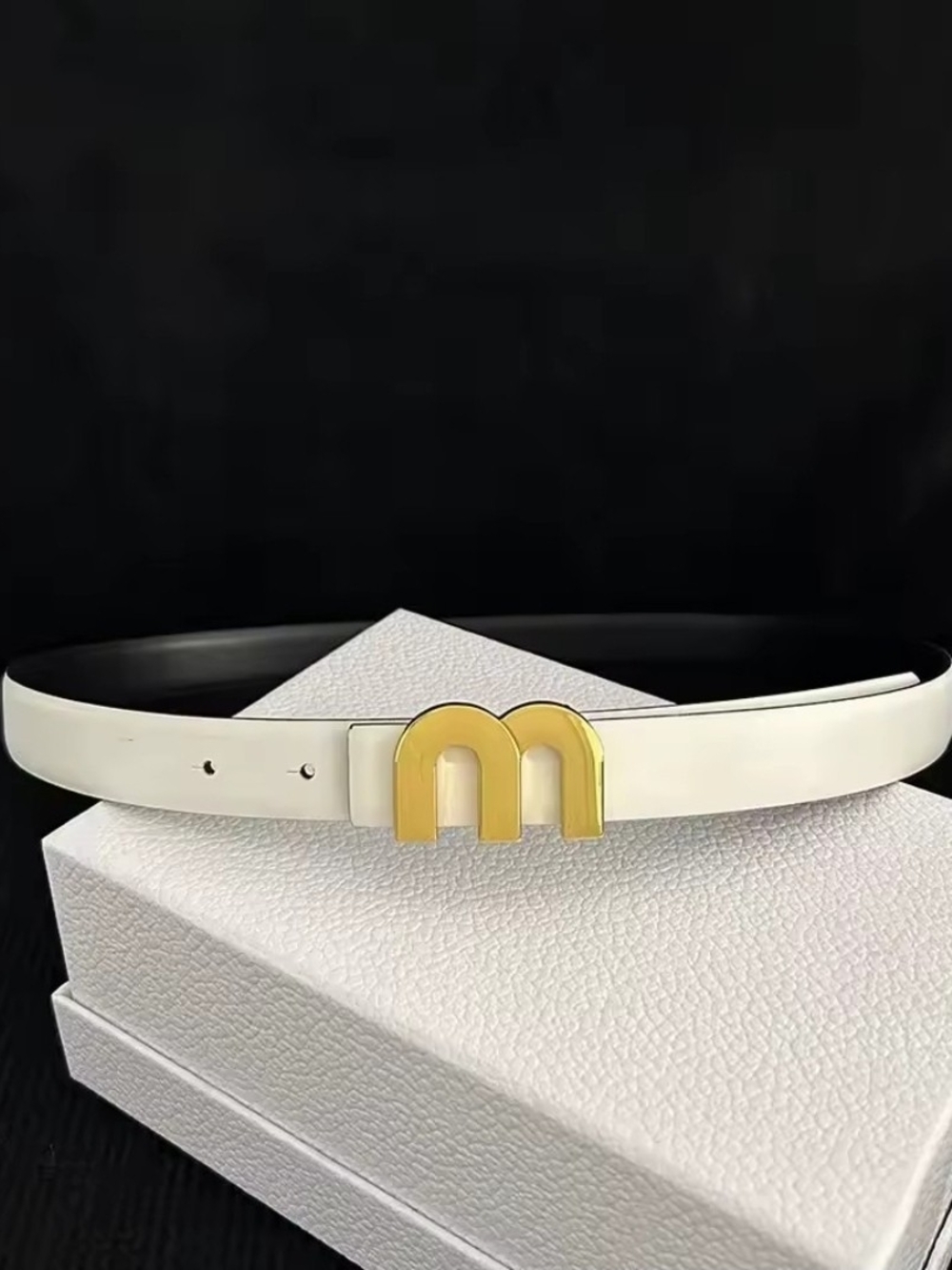 White Leather Belt with Yellow Double-Arch Buckle
